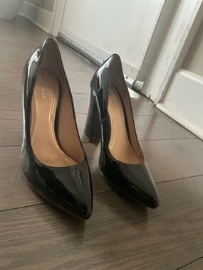 Cole Haan Black Patent Pointed Block Heel Pumps